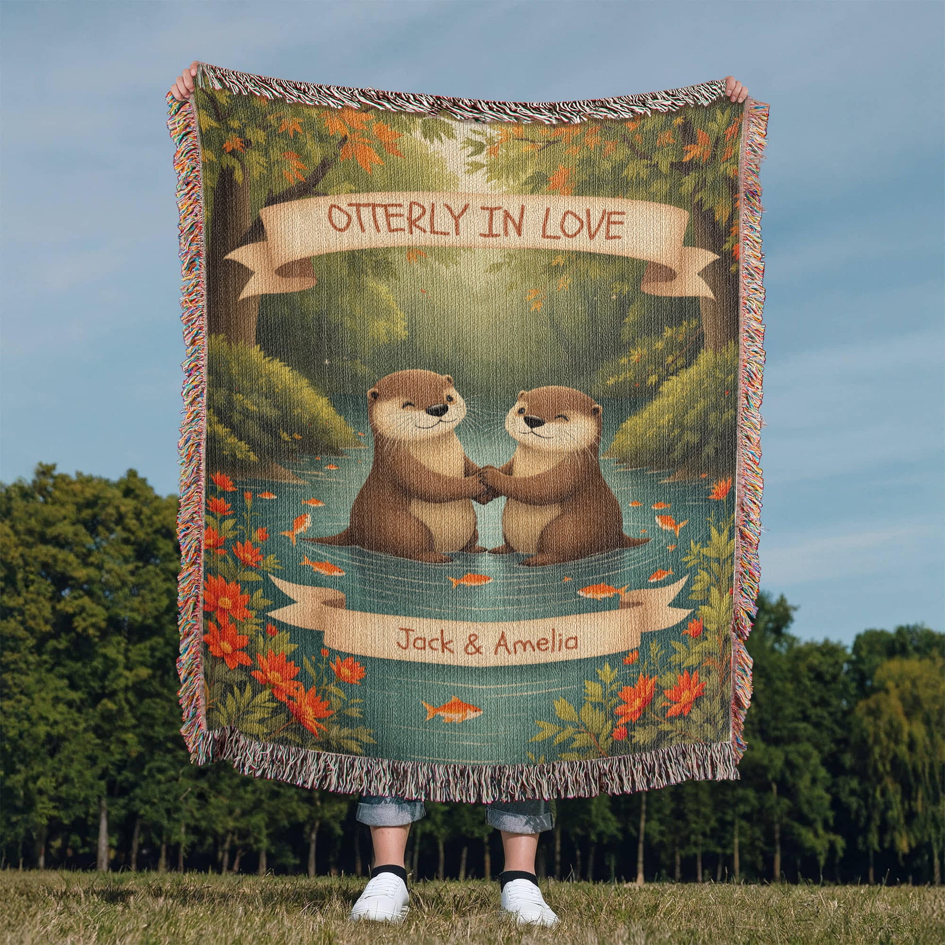 Otter Couple Anniversary Woven Cotton Blanket-[Heartfelt Family Gift]