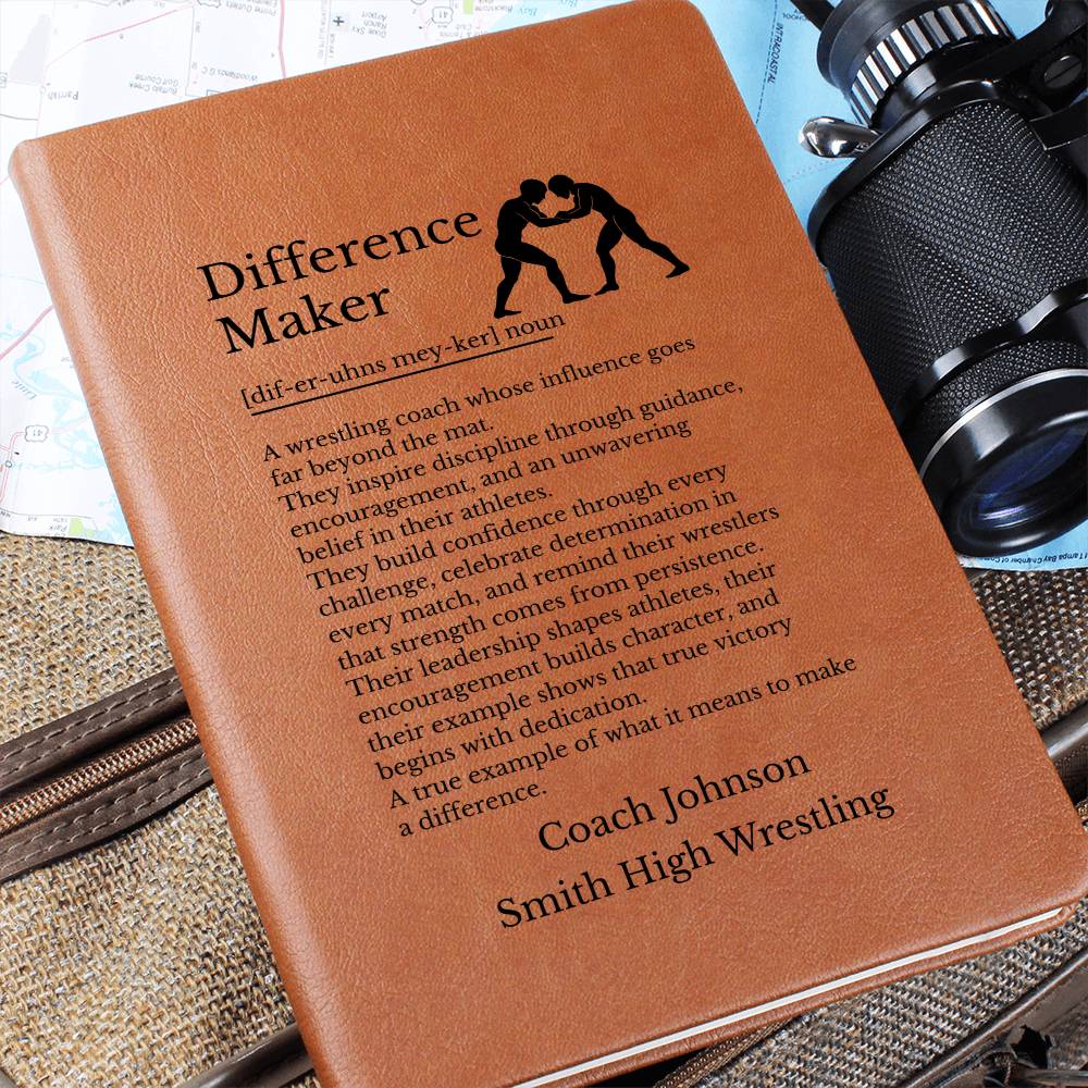 Wrestling Coach Gift, Difference Maker Vegan Leather Journal, Inspirational Notebook, Personalized Coach Appreciation