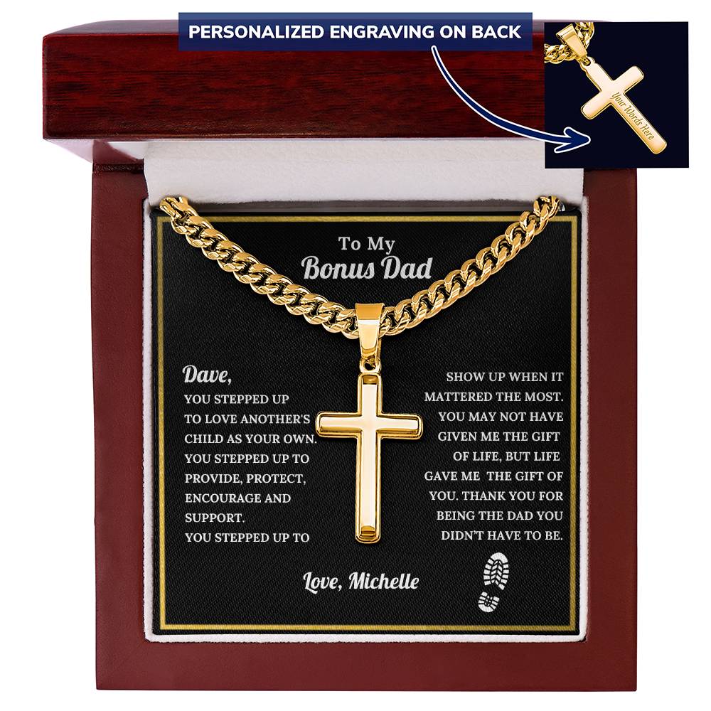 Personalized Bonus Dad Engraved Cross Necklace