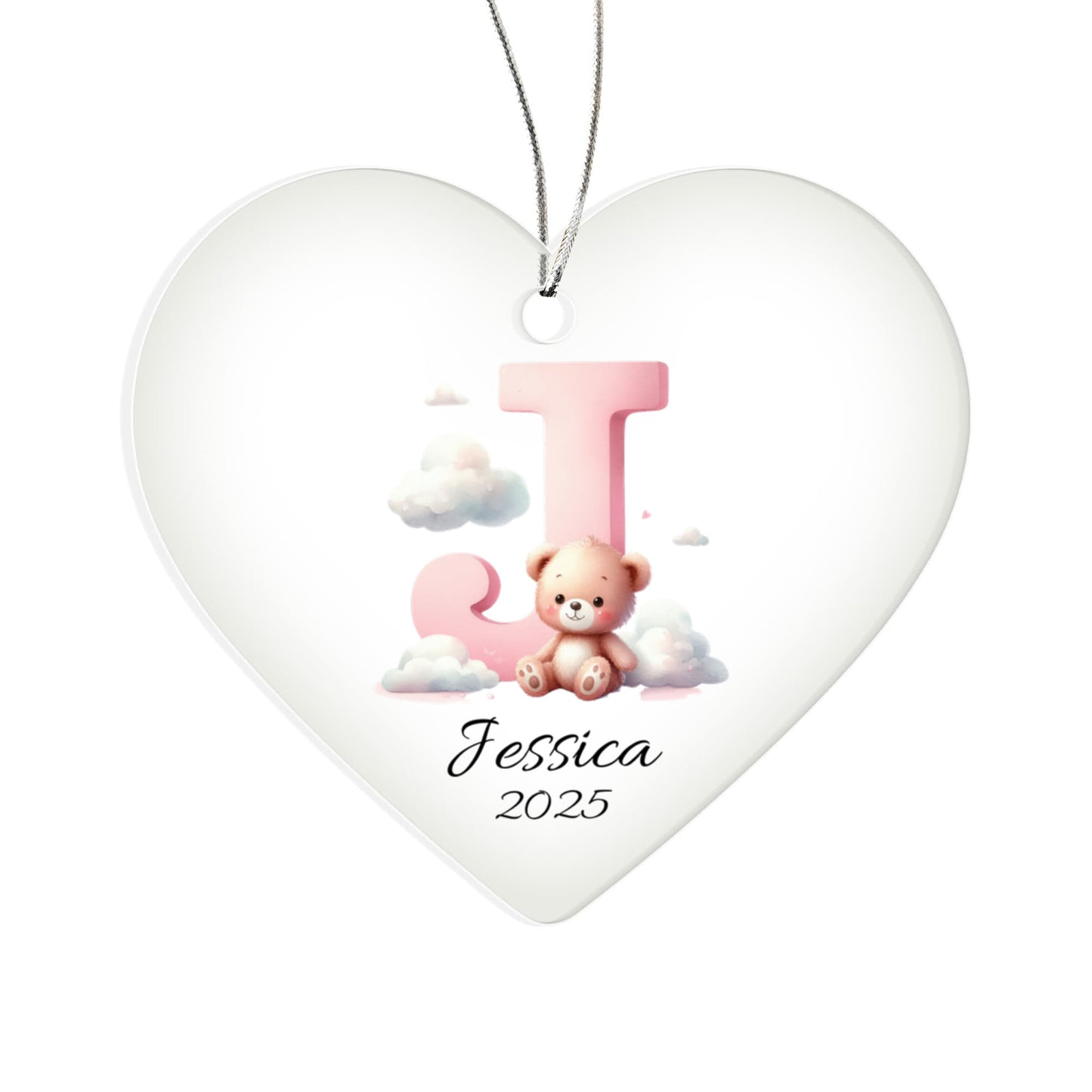 Pink Teddy Bear Acrylic Heart Ornament