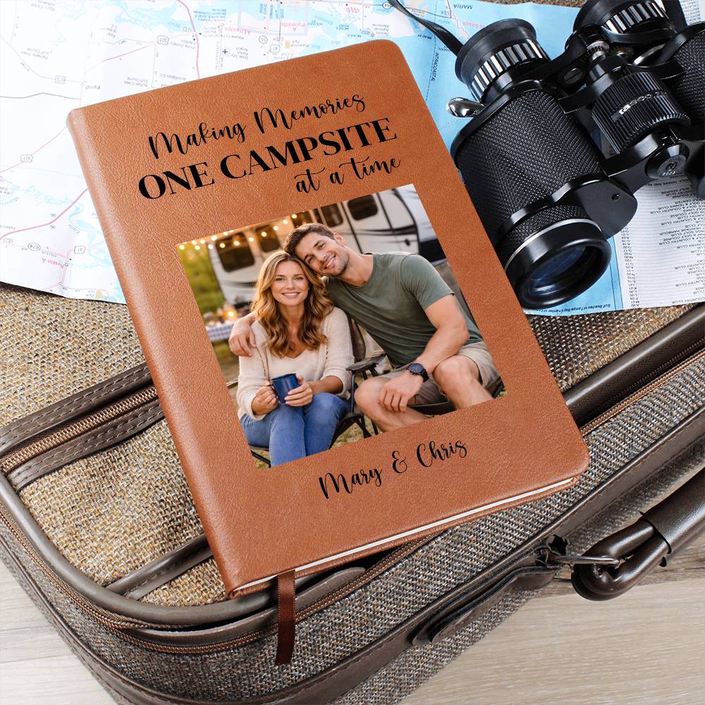 Personalized Camping Photo Journal, Vegan Leather Notebook, Custom Adventure Diary, Memory Keepsake, Outdoor Travel Gift