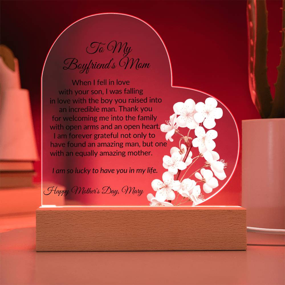 Boyfriends Mom Acrylic Heart Plaque