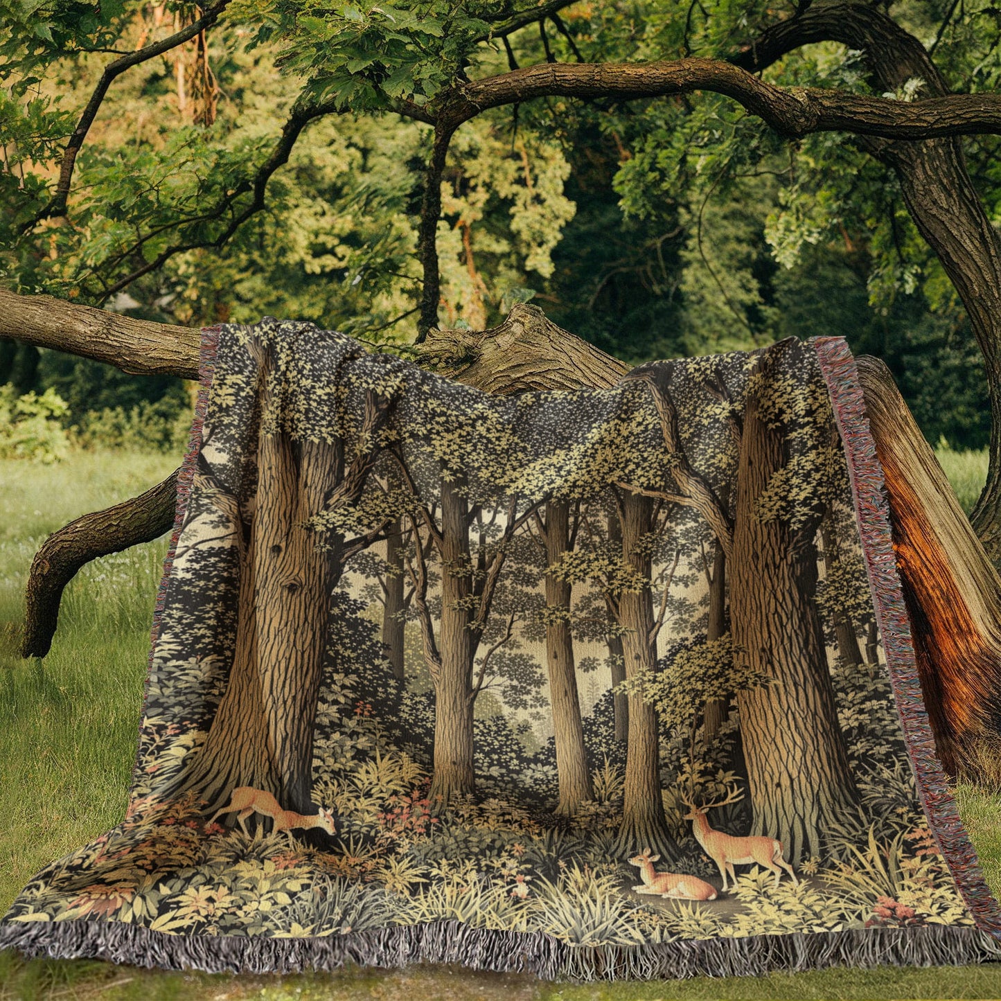 Forestcore Deer Woven Cotton Throw-[Heartfelt Family Gift]