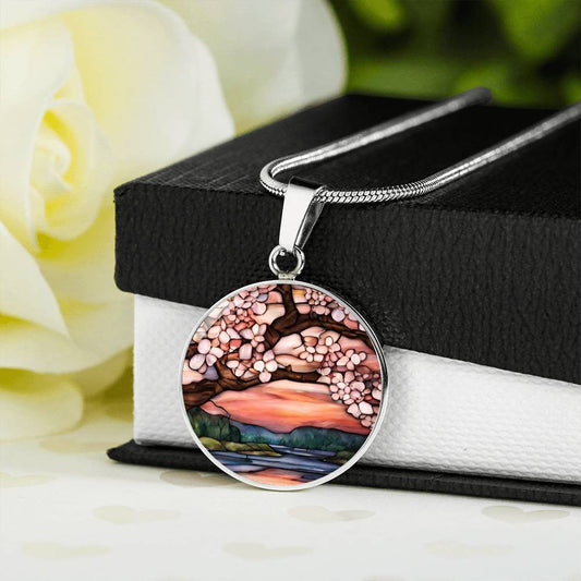 Cherry Blossom Round Pendant Necklace in Gold or silver-[Heartfelt Family Gift]