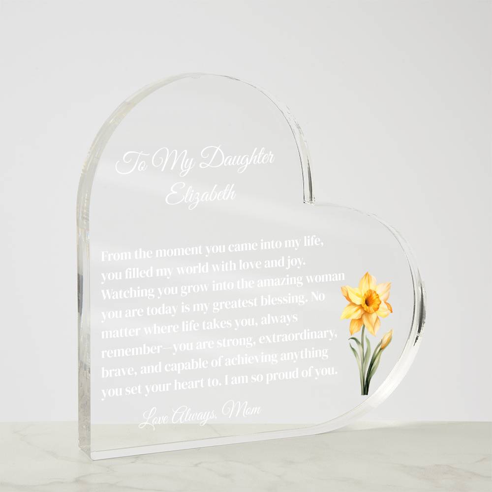 Daughter Acrylic Heart Plaque with Personalized Birthflower