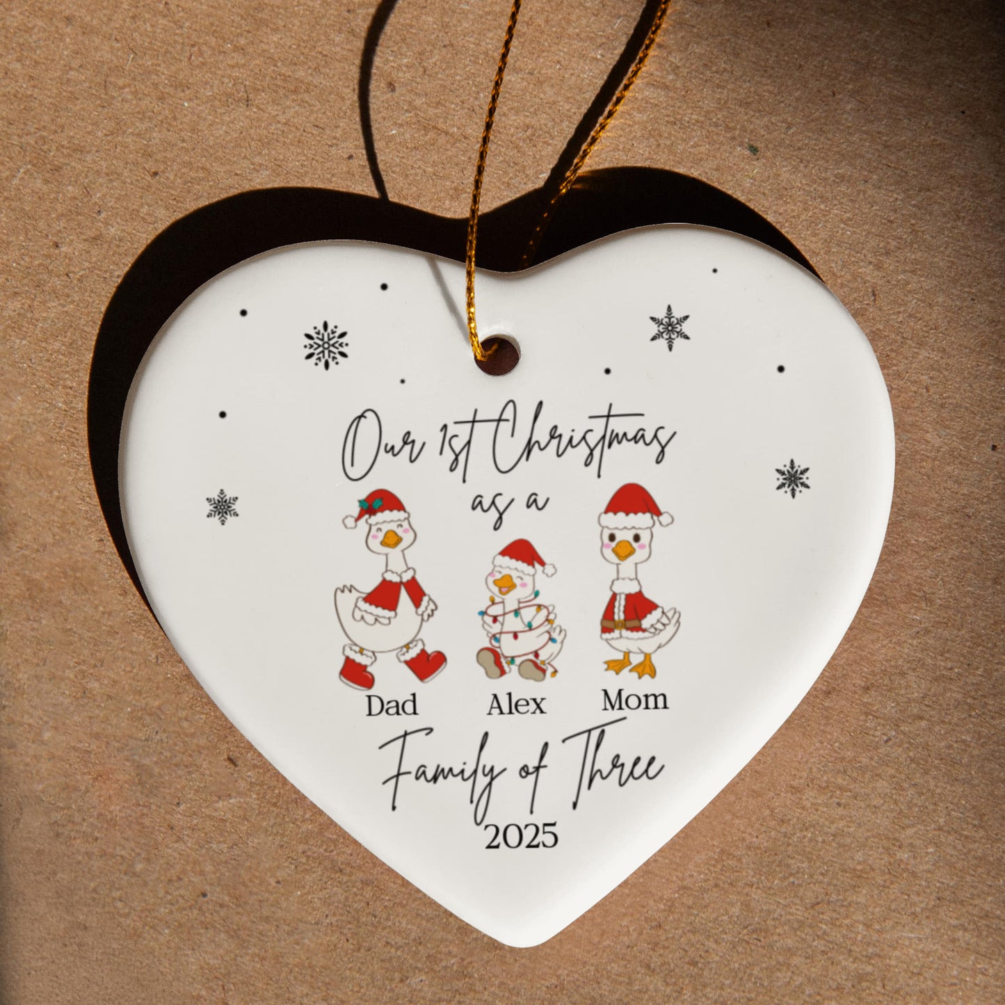 Family of Three Goose Ornament, Christmas Tree Decoration, Heart Ceramic Ornament, Personalized Family Keepsake, Holiday Home Decor