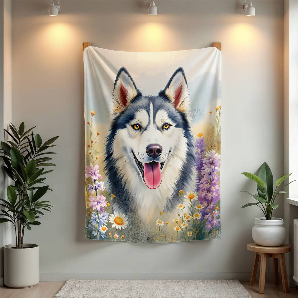 Husky Wildflower Floral Dog Blanket-[Heartfelt Family Gift]