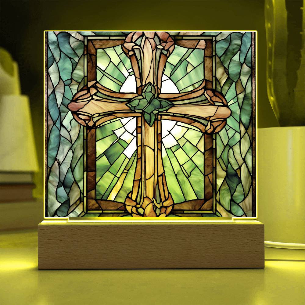 Faux Stained Glass Acrylic Cross Plaque-[Heartfelt Family Gift]