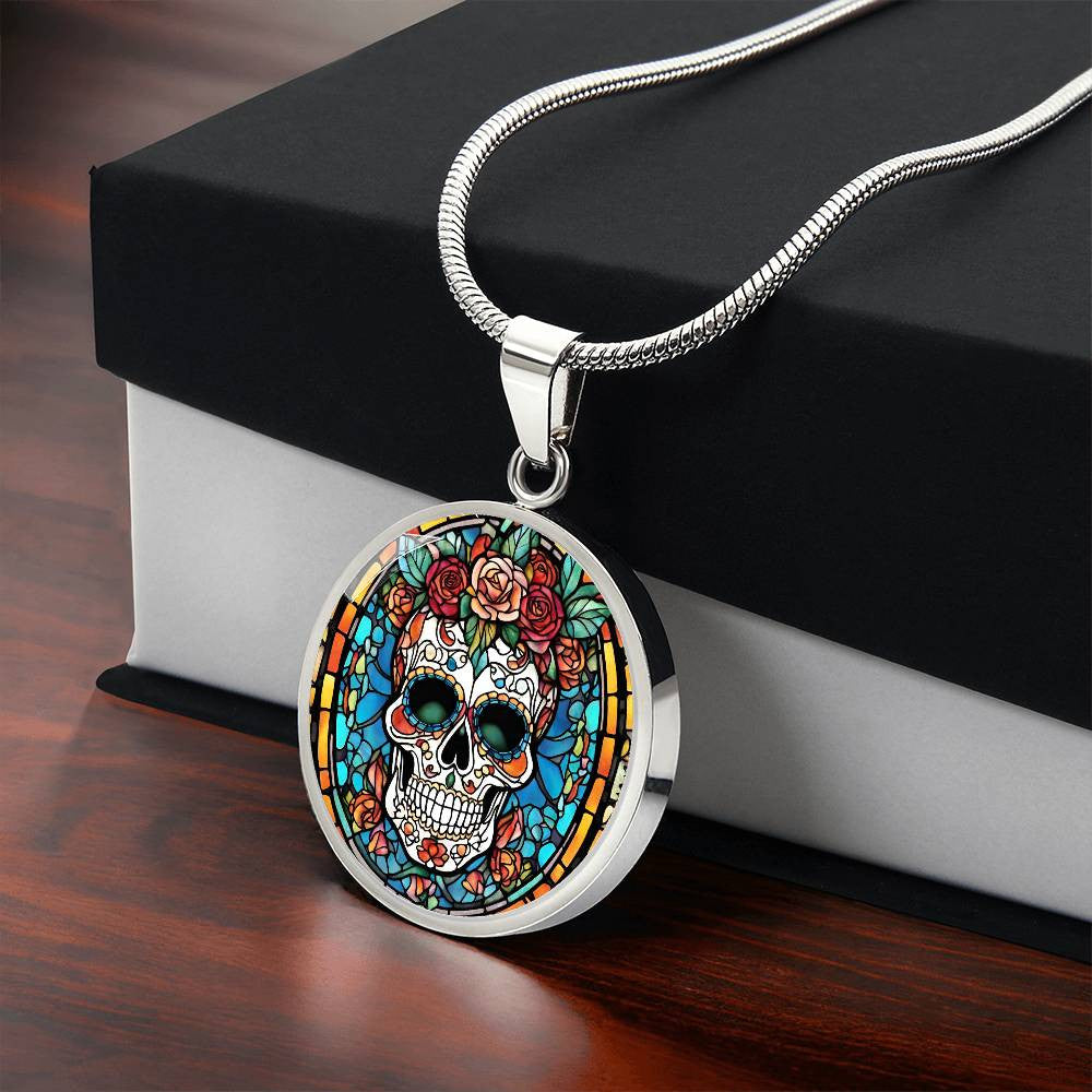 Mexican Sugar Skull Calavera  Round Pendant Necklace in Gold or silver-[Heartfelt Family Gift]
