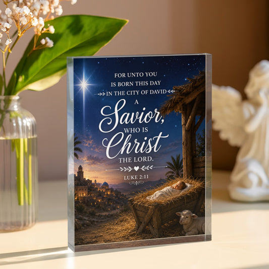 Nativity Scene Acrylic Block Christmas Decor, Luke 2:11 Bible Quote Plaque, Religious Gift, Inspirational Home Decor, Holiday Display