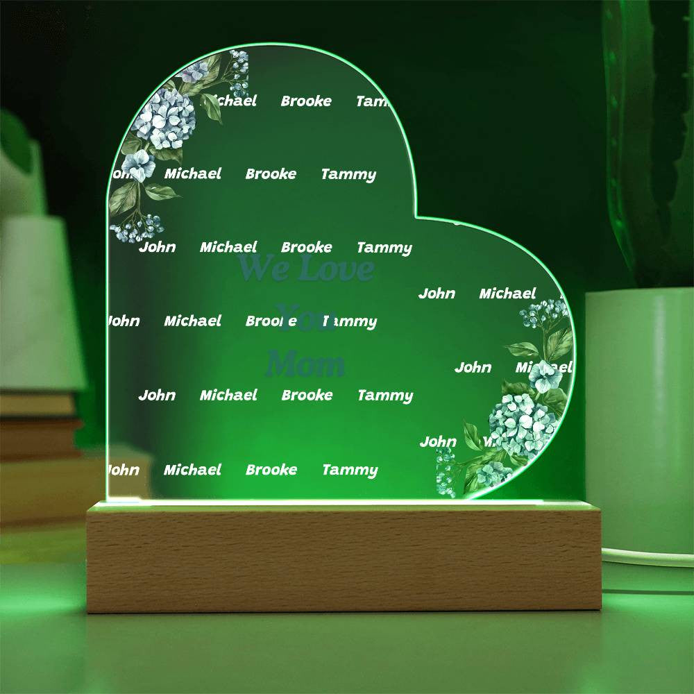 We Love You Mom Acrylic Heart with Kids Names-[Heartfelt Family Gift]