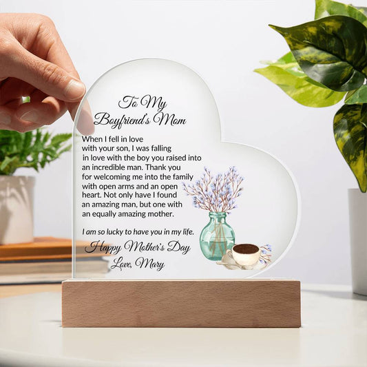 Boyfriends Mom Acrylic Heart Plaque with 2 Lines Personalized Text-[Heartfelt Family Gift]