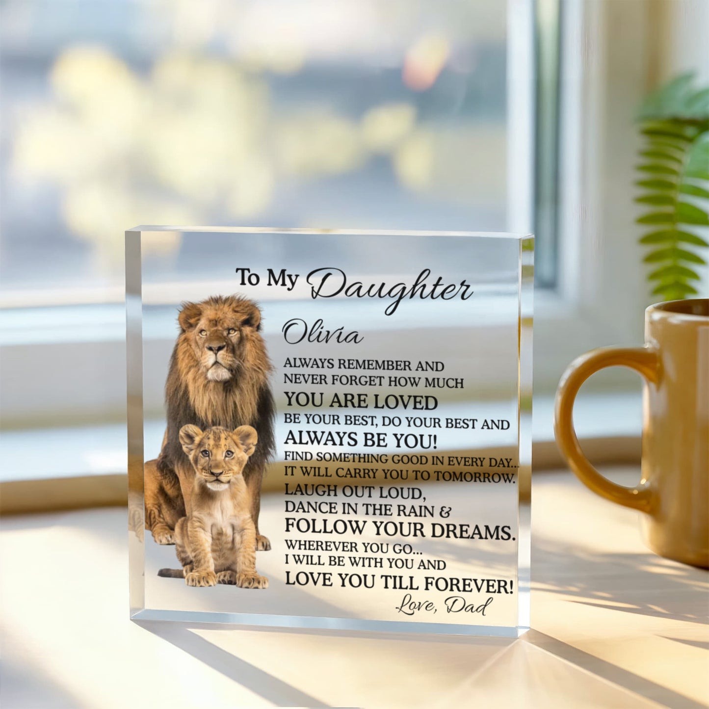 Personalized Daughter Gift, Lion and Cub Plaque, Custom Acrylic Block, Sentimental Desk Decor, Keepsake for Her, Birthday Gift