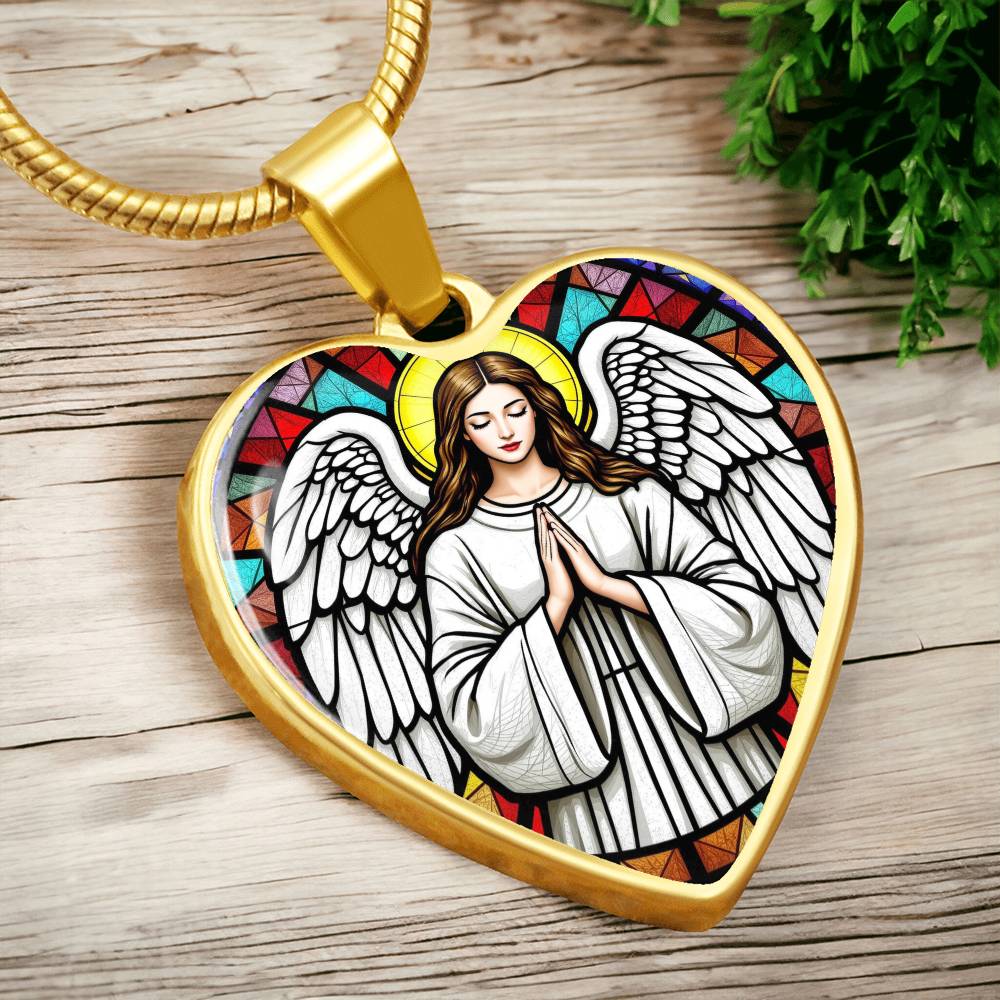 Guardian Angel Faux Stain Glass Pendant Necklace