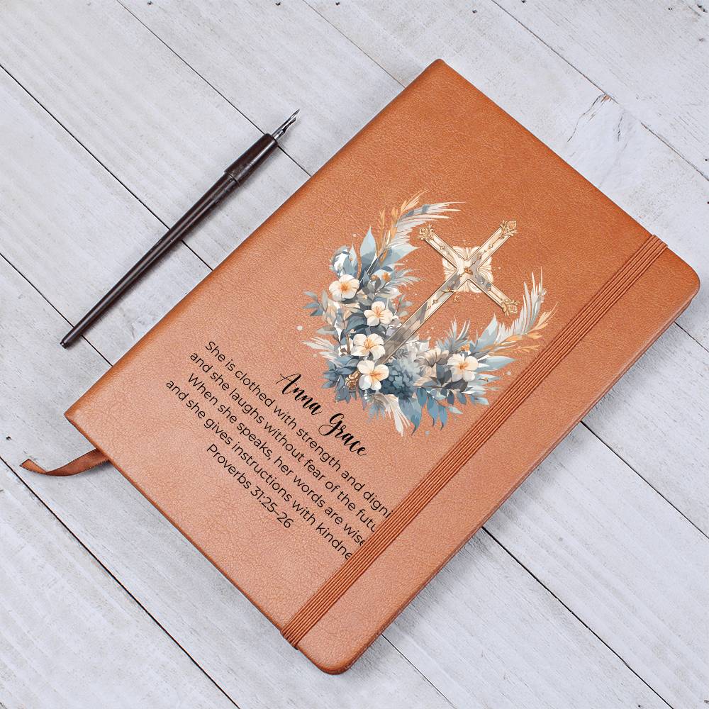Personalized Bible Verse Journal, Proverbs 31:25 Leather Notebook, Christian Gift for Women, Custom Name Scripture Keepsake