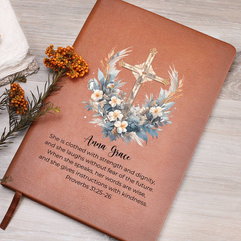 Personalized Bible Verse Journal, Proverbs 31:25 Leather Notebook, Christian Gift for Women, Custom Name Scripture Keepsake