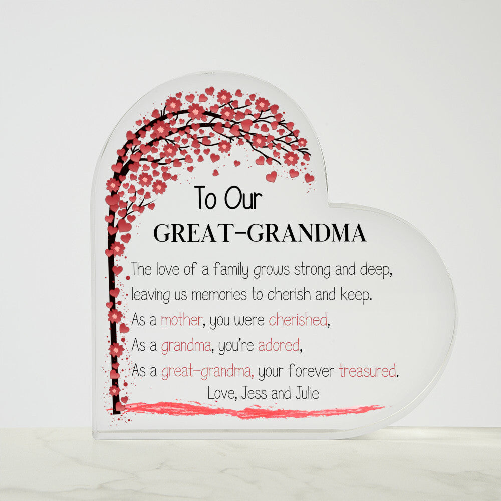 Mother's Day Gift for Great-grandma, Grammy Gift, Heart Acrylic Plaque