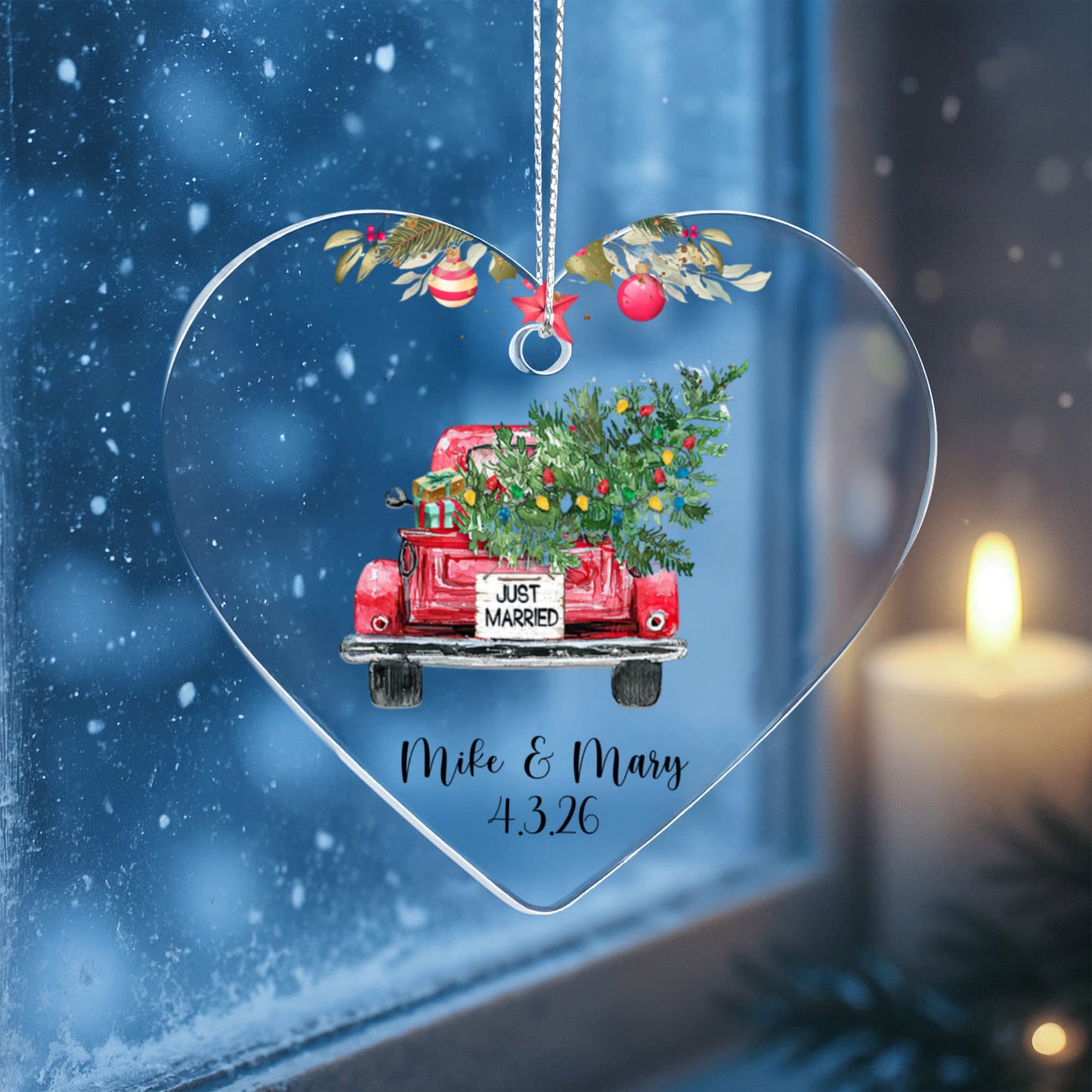 First Christmas Married Ornament, Personalized Acrylic Heart, Vintage Truck Keepsake, Newlywed Holiday Gift, Custom Wedding Ornament