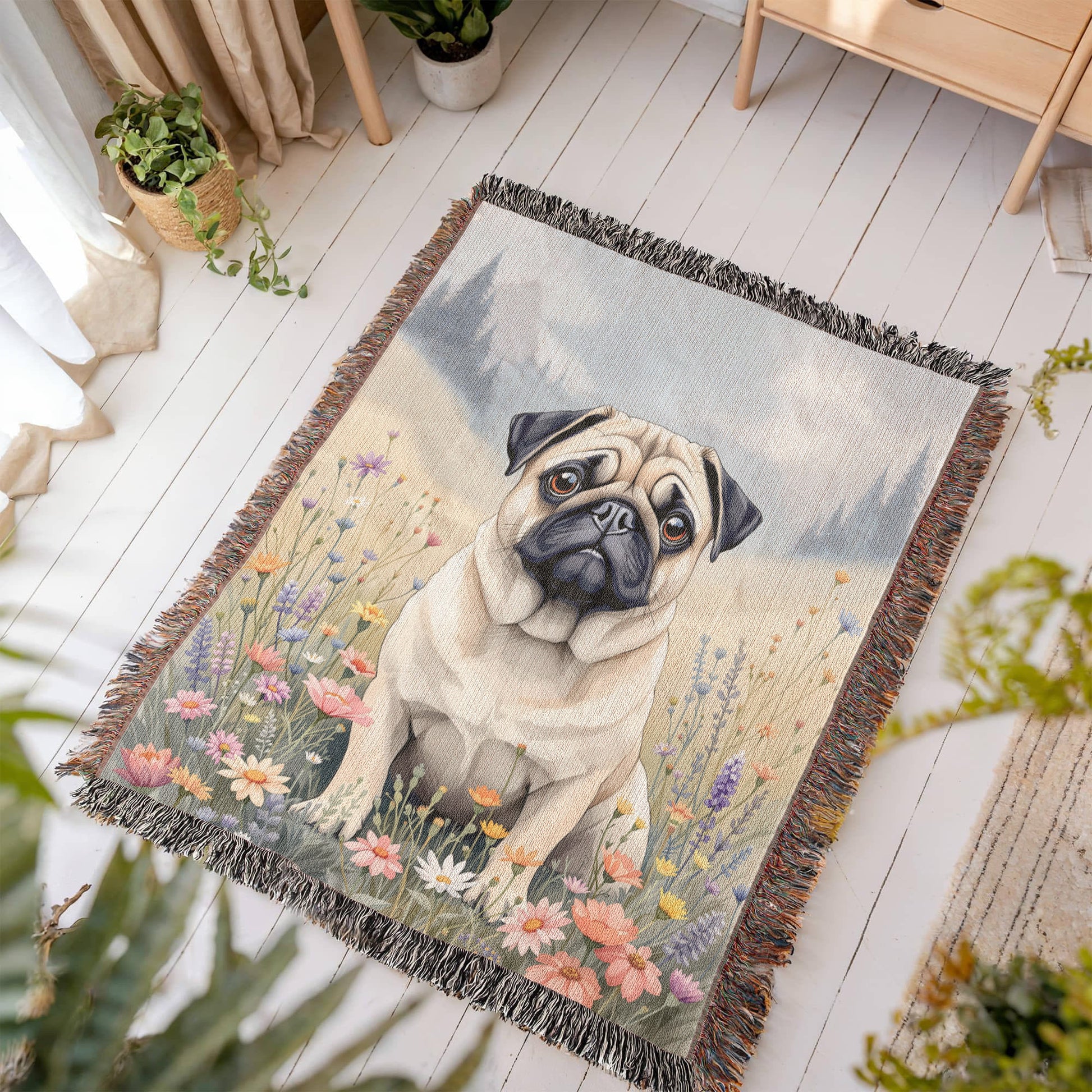 Pug Wildflower Woven Cotton throw Blanket-[Heartfelt Family Gift]