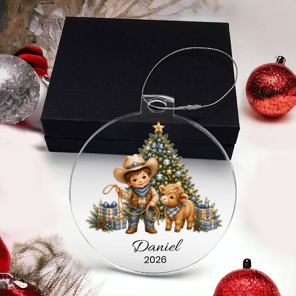 Highland Cow Cowboy Christmas Ornament