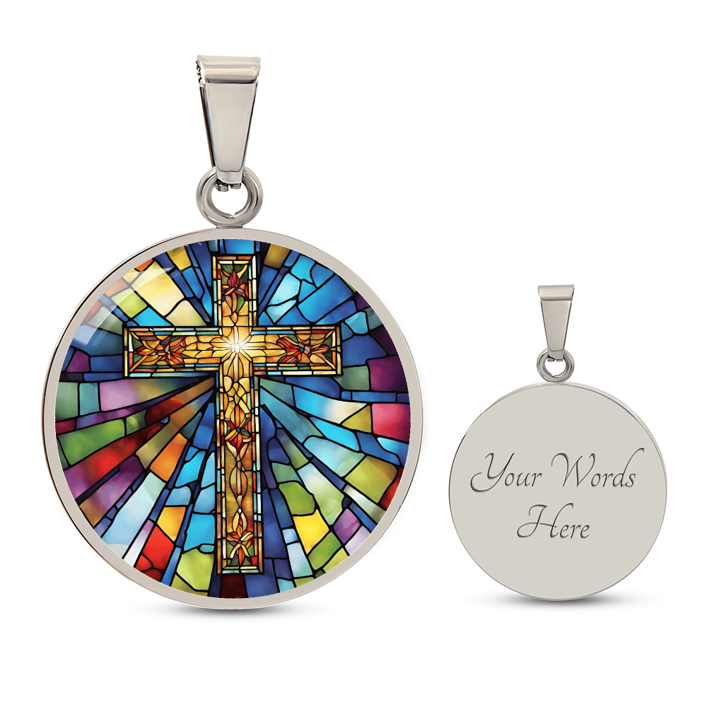 Stained Glass Cross Engraved Necklace - Elegant  Unique Christian Jewelry-[Heartfelt Family Gift]