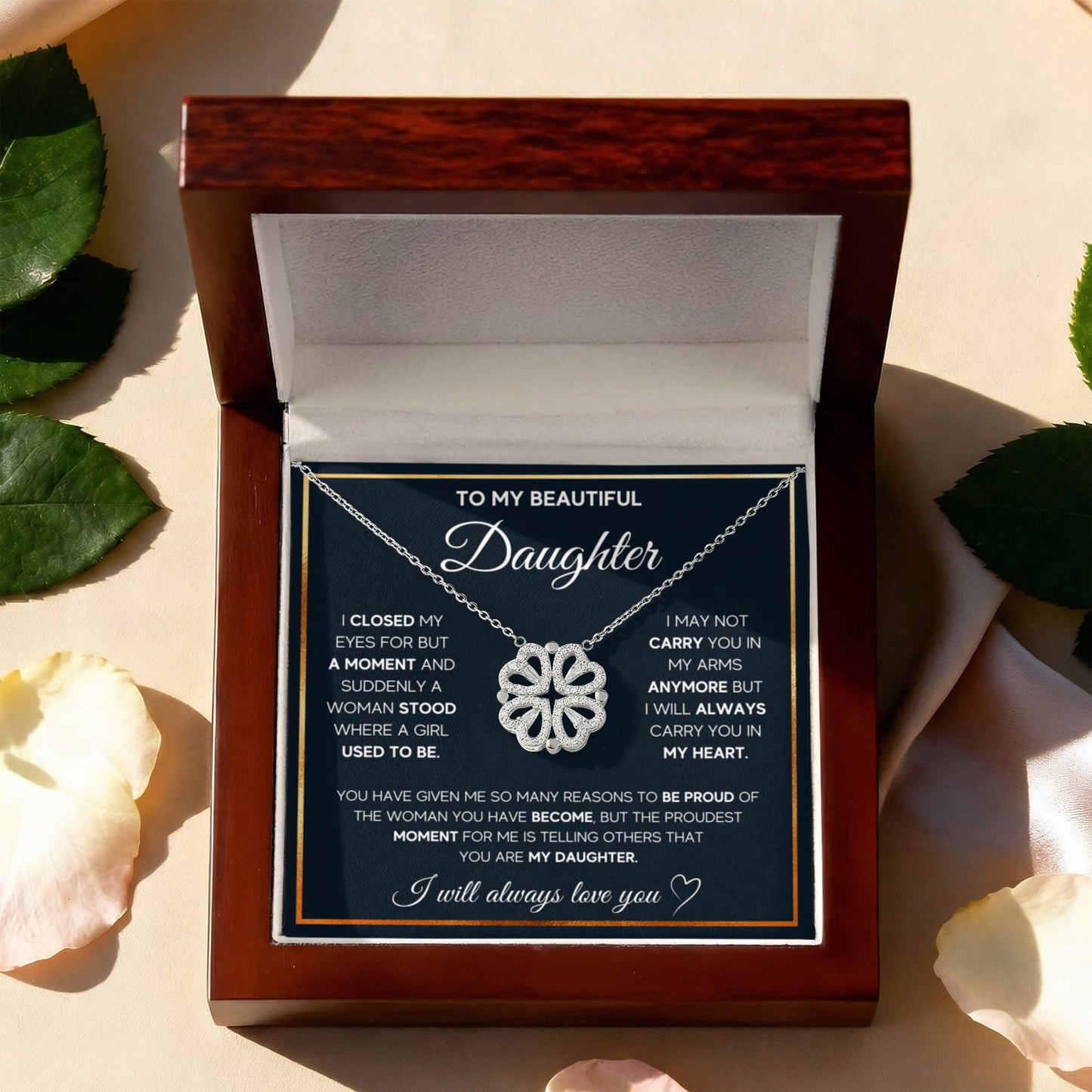 To My Beautiful Daughter  Heart Clover Convertible Necklace