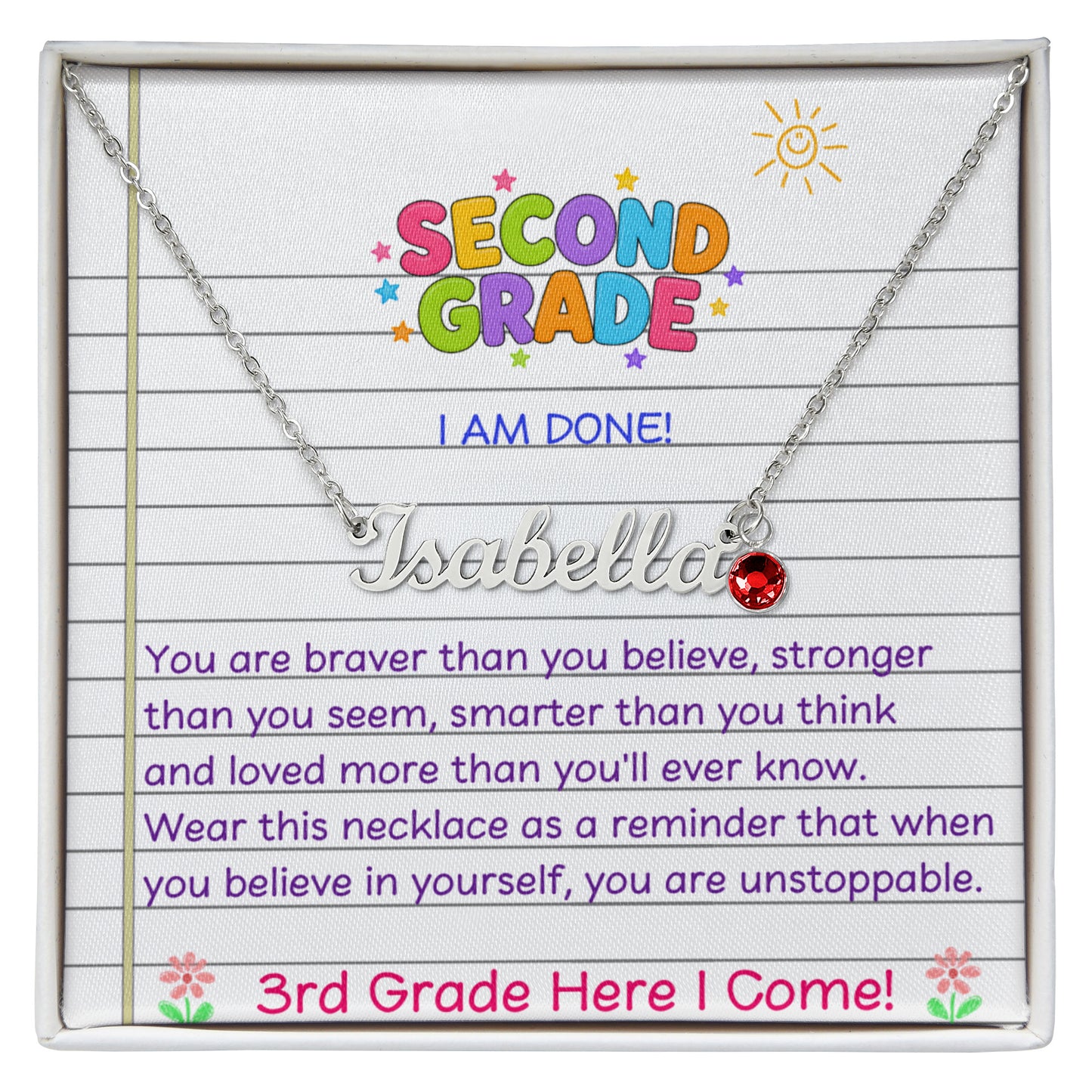 Last Day of Second Grade Birthstone Name Necklace