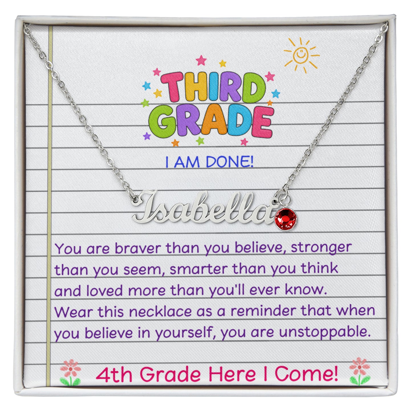 Last Day of Third Grade Birthstone Name Necklace
