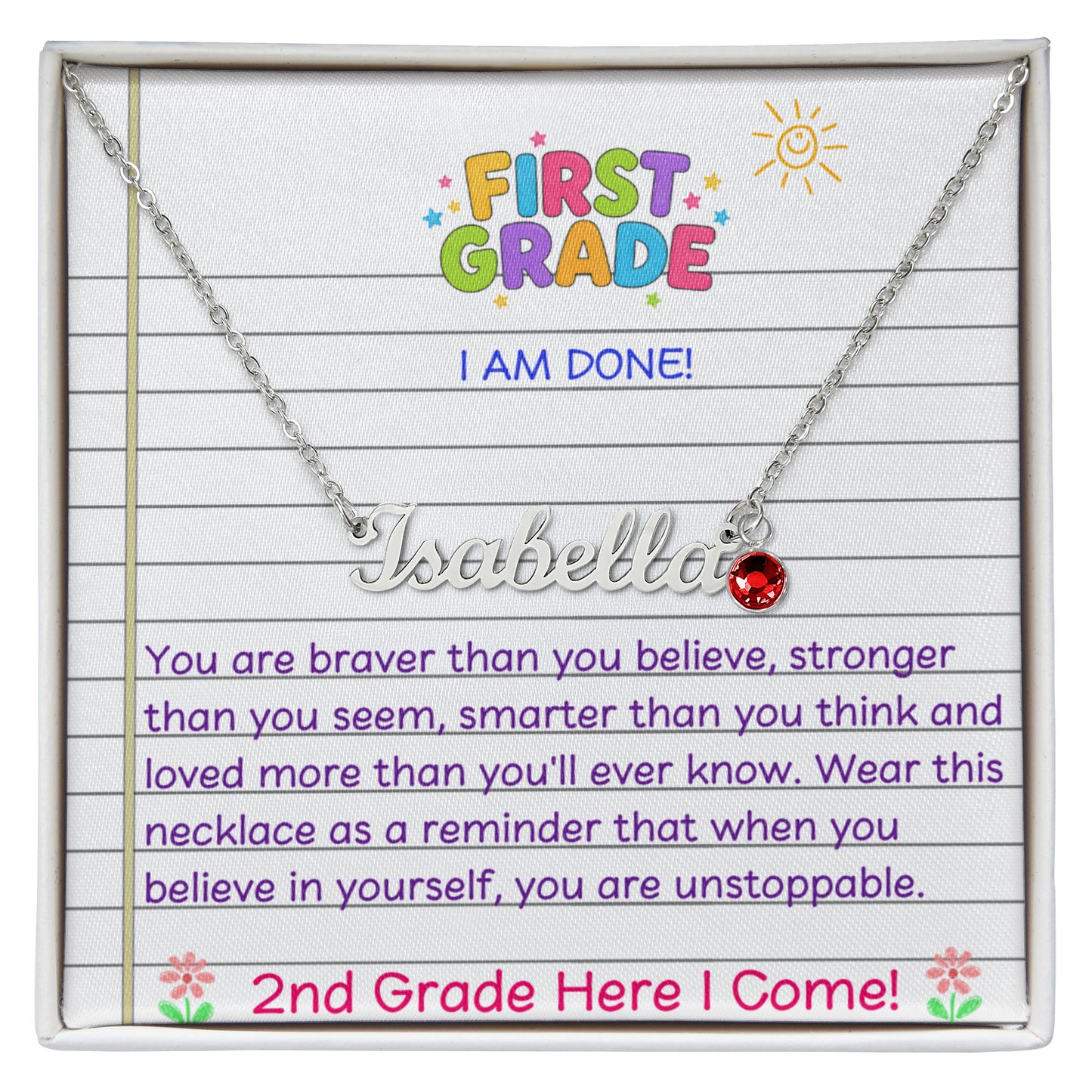 Last Day of First Grade Birthstone Name Necklace