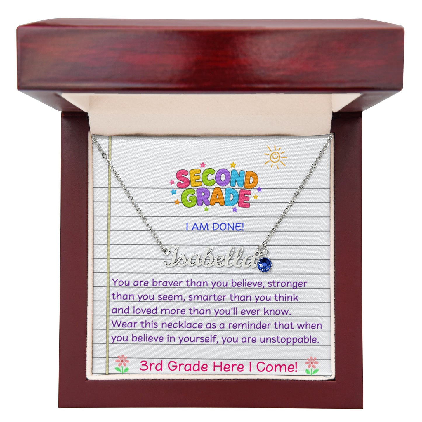 Last Day of Second Grade Birthstone Name Necklace