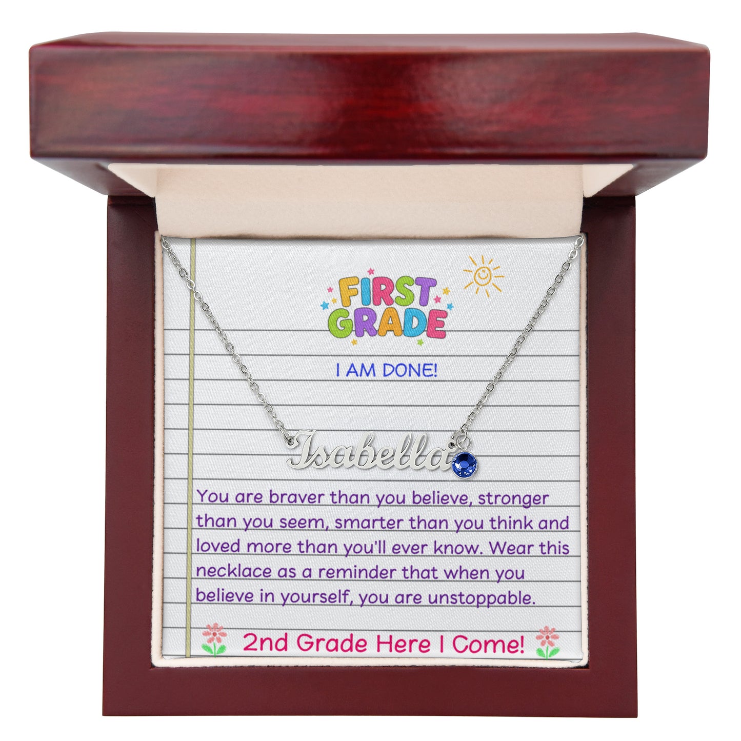 Last Day of First Grade Birthstone Name Necklace