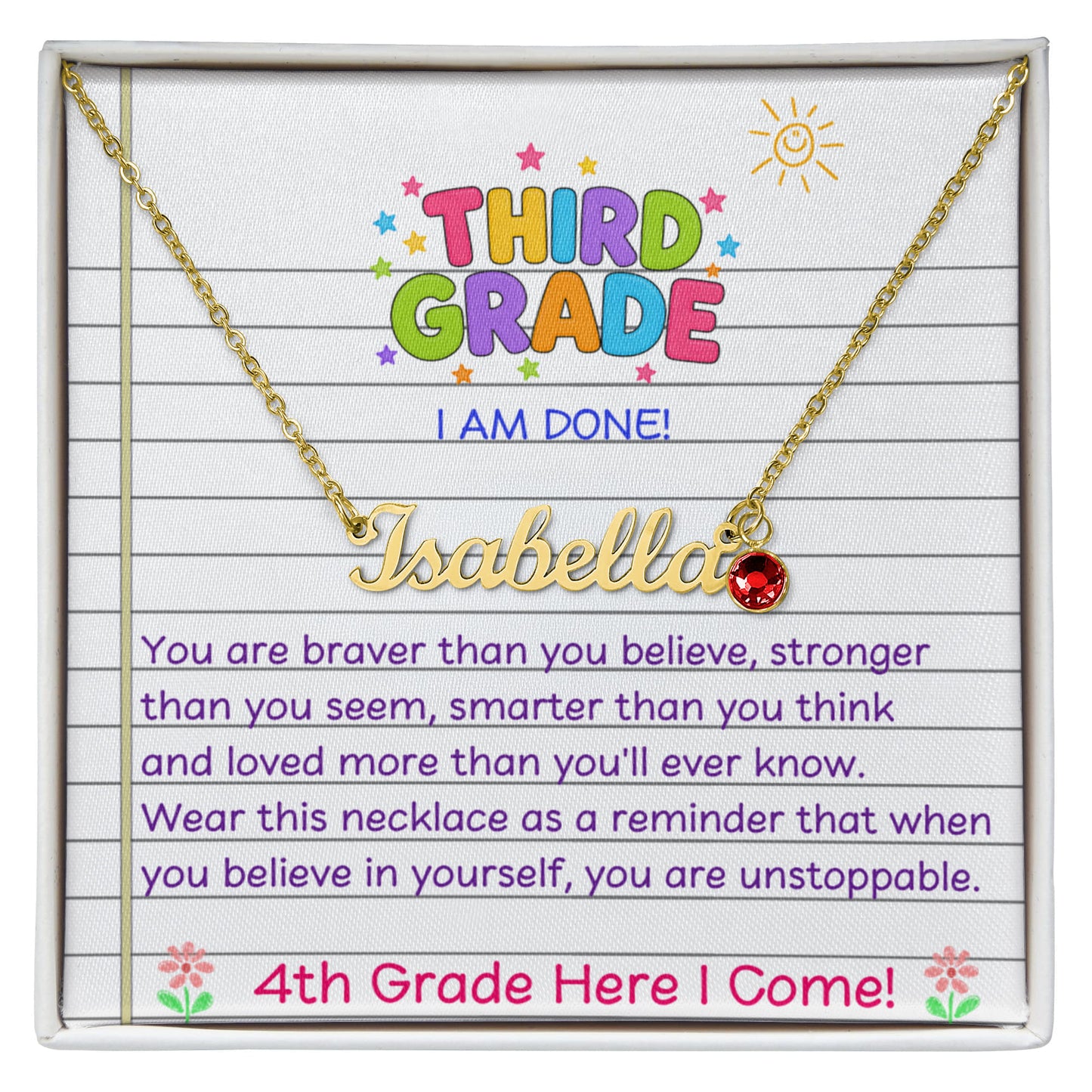 Last Day of Third Grade Birthstone Name Necklace