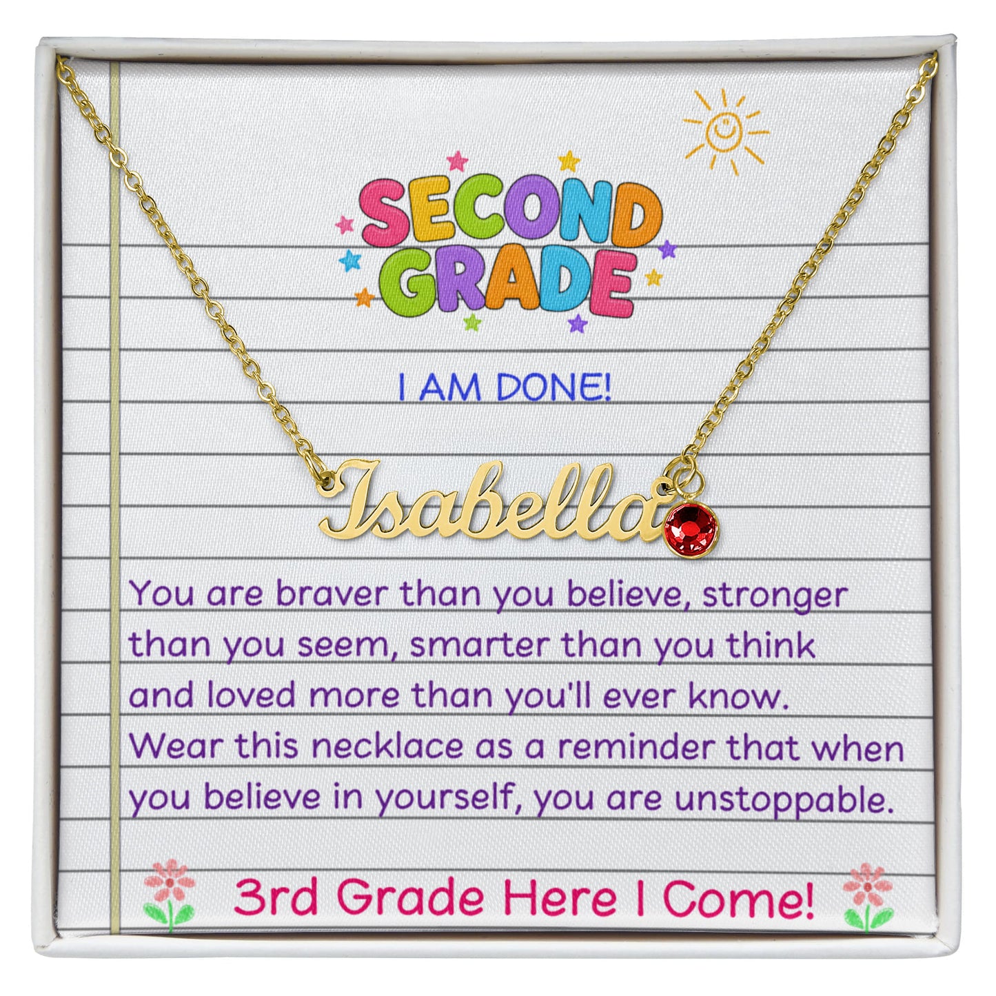 Last Day of Second Grade Birthstone Name Necklace