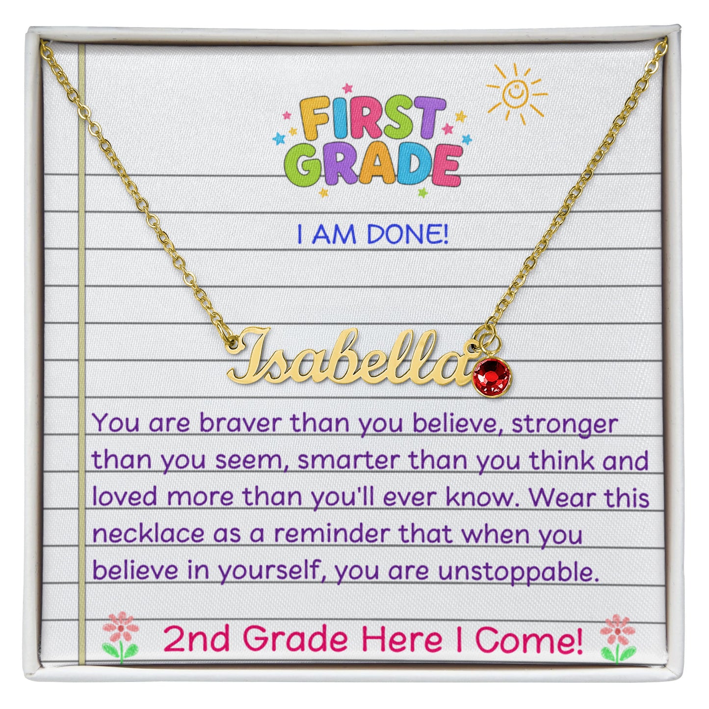 Last Day of First Grade Birthstone Name Necklace