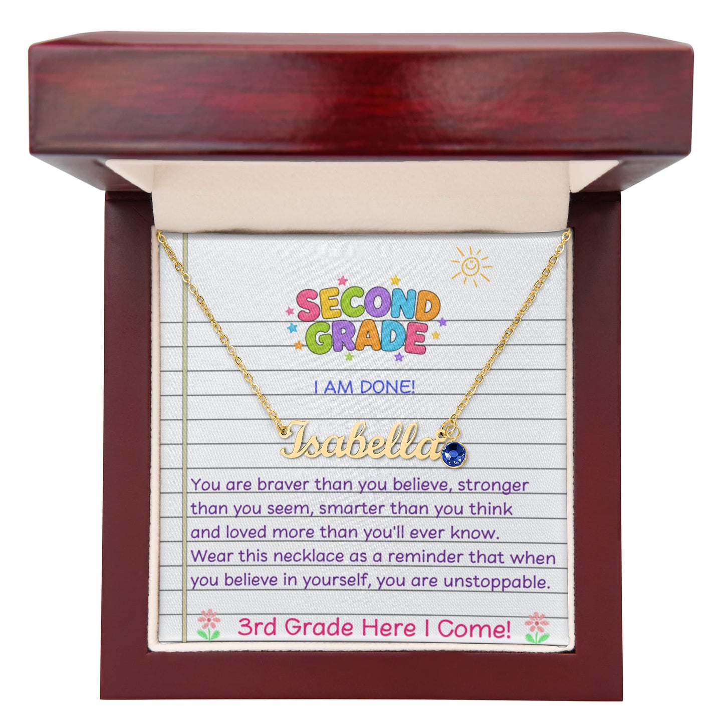 Last Day of Second Grade Birthstone Name Necklace