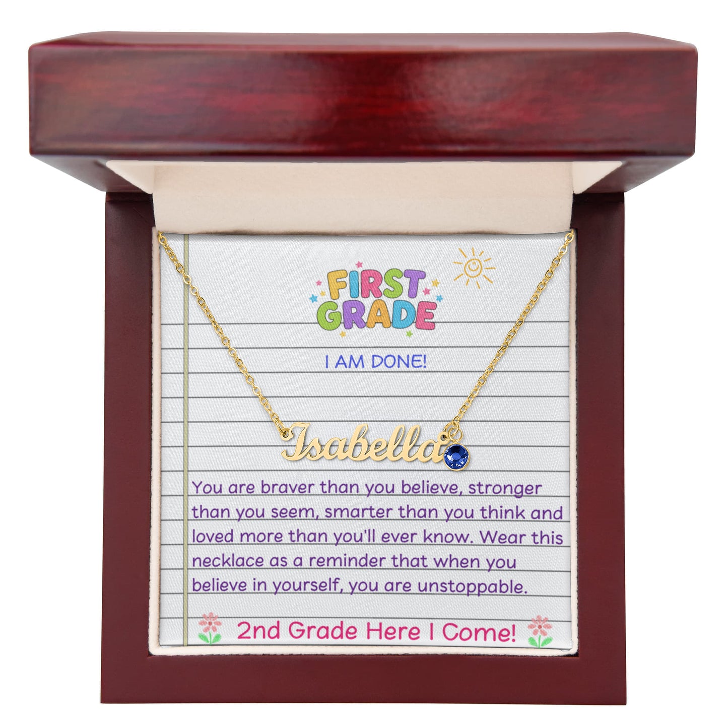 Last Day of First Grade Birthstone Name Necklace