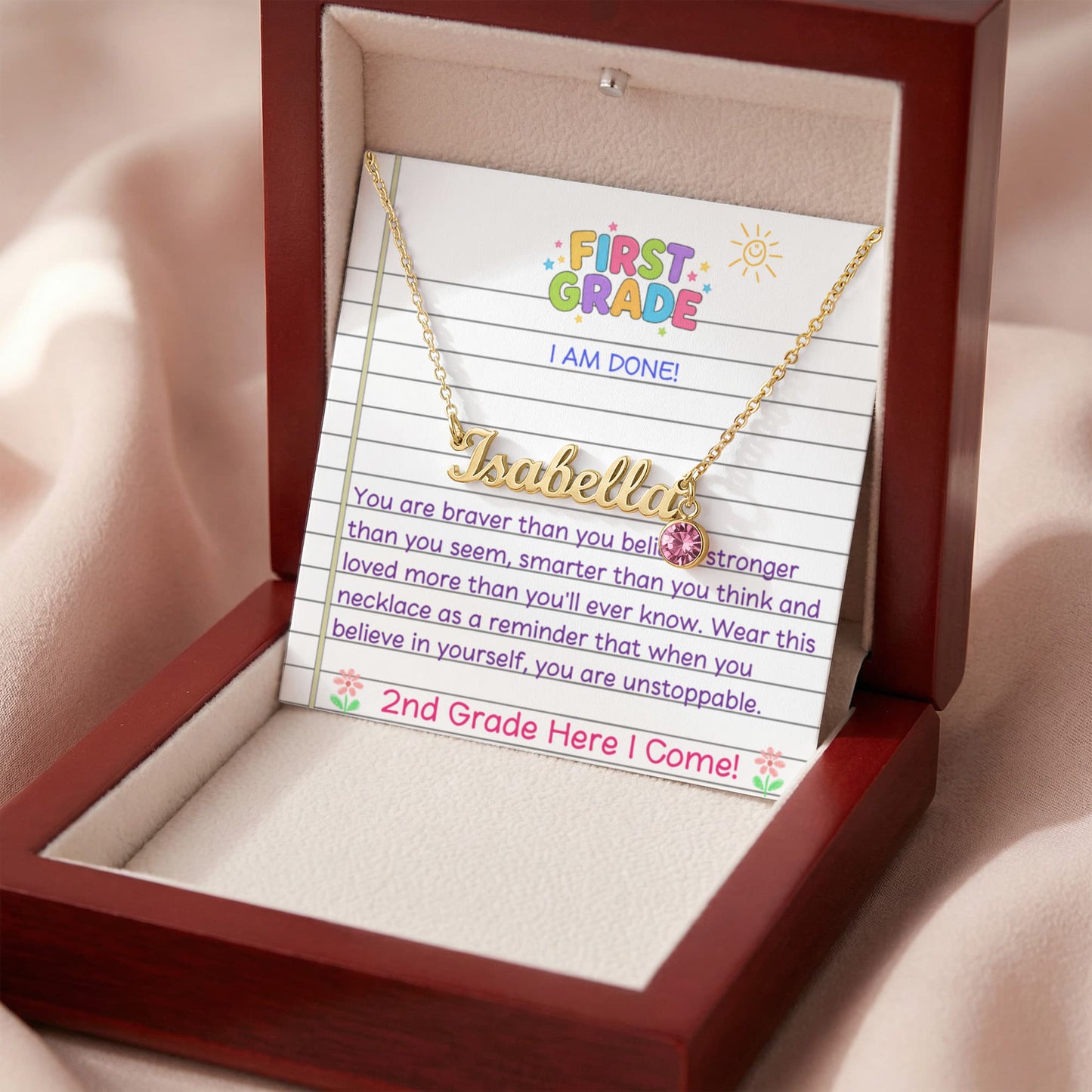 Last Day of First Grade Birthstone Name Necklace