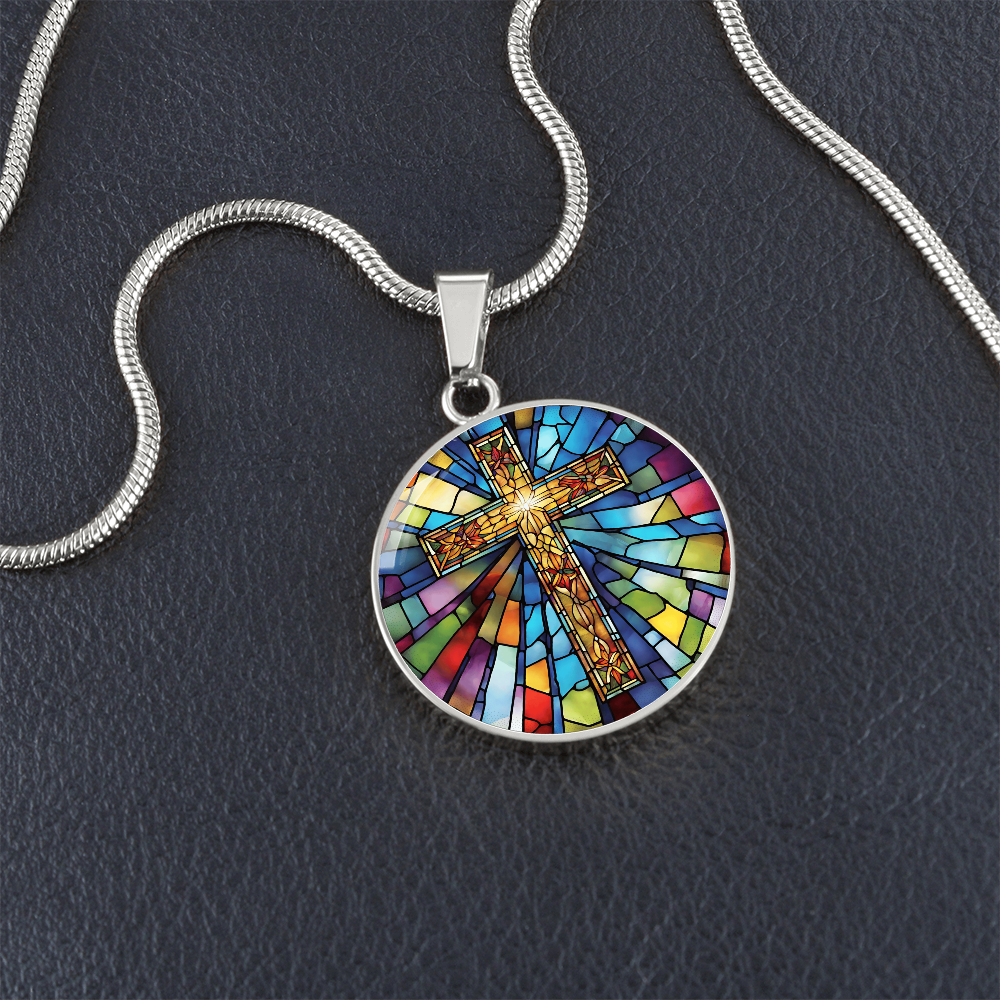 Stained Glass Cross Engraved Necklace - Elegant  Unique Christian Jewelry-[Heartfelt Family Gift]