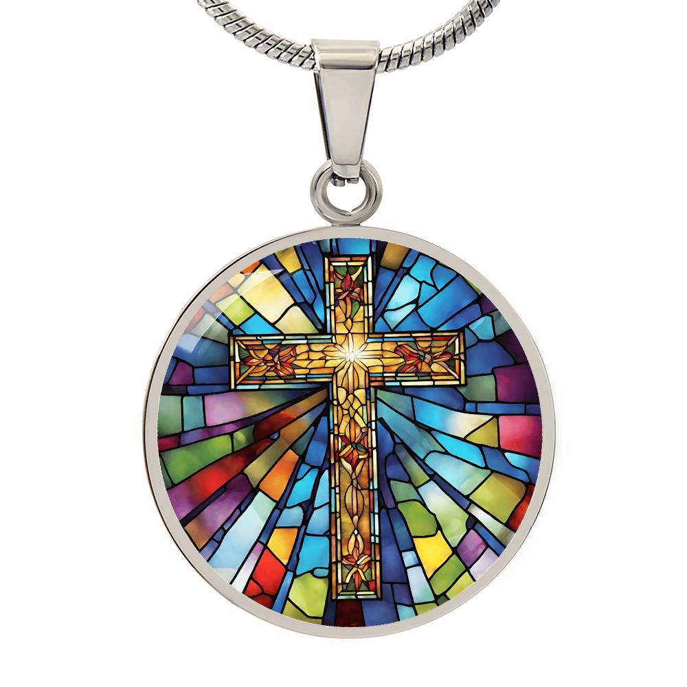 Stained Glass Cross Engraved Necklace - Elegant  Unique Christian Jewelry-[Heartfelt Family Gift]