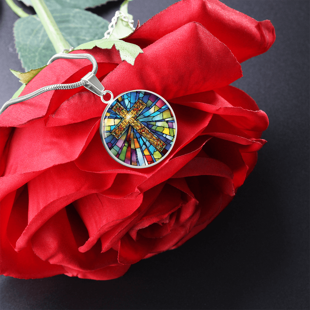 Stained Glass Cross Engraved Necklace - Elegant  Unique Christian Jewelry-[Heartfelt Family Gift]