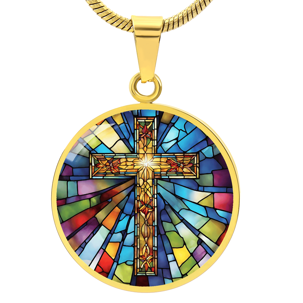 Stained Glass Cross Engraved Necklace - Elegant  Unique Christian Jewelry-[Heartfelt Family Gift]