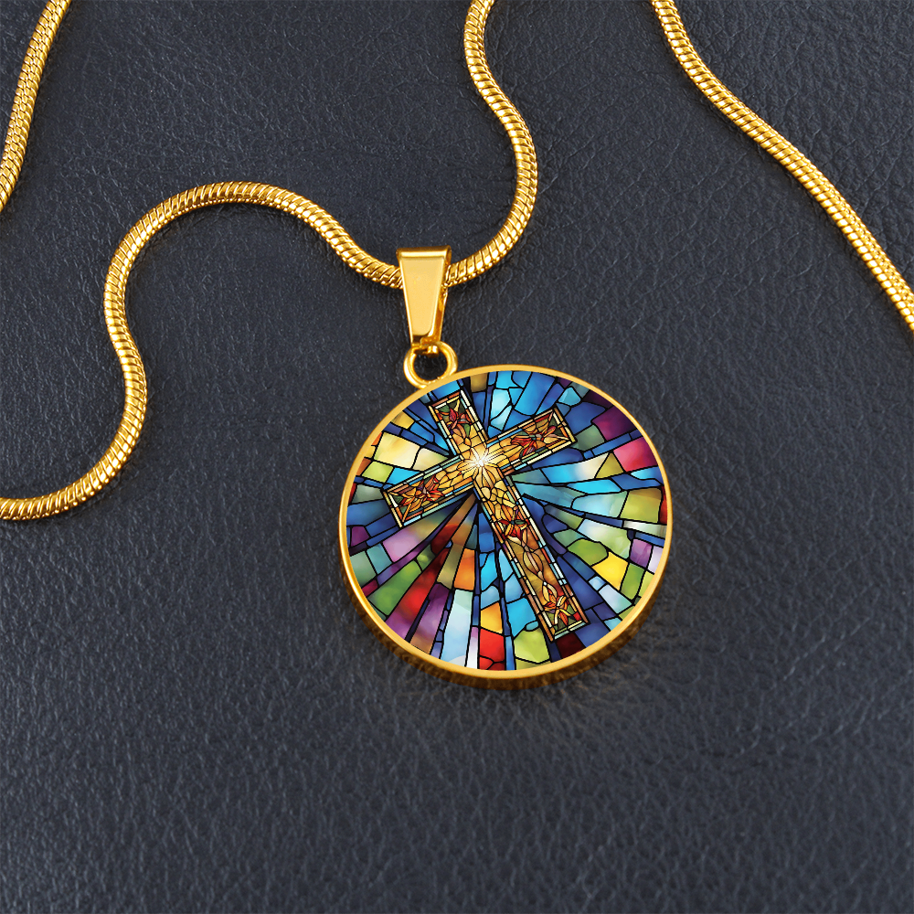 Stained Glass Cross Engraved Necklace - Elegant  Unique Christian Jewelry-[Heartfelt Family Gift]