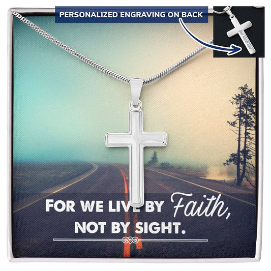 For We Live By Faith Not By Sight Engraved Cross Necklace-[Heartfelt Family Gift]