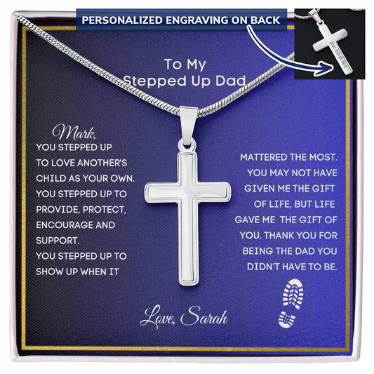 Stepped Up Dad Engraved Cross Necklace-[Heartfelt Family Gift]