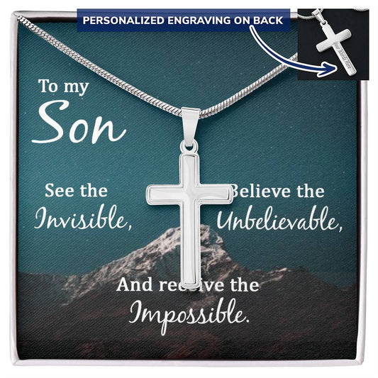 Son Faith Believe Engraved Cross Necklace-[Heartfelt Family Gift]