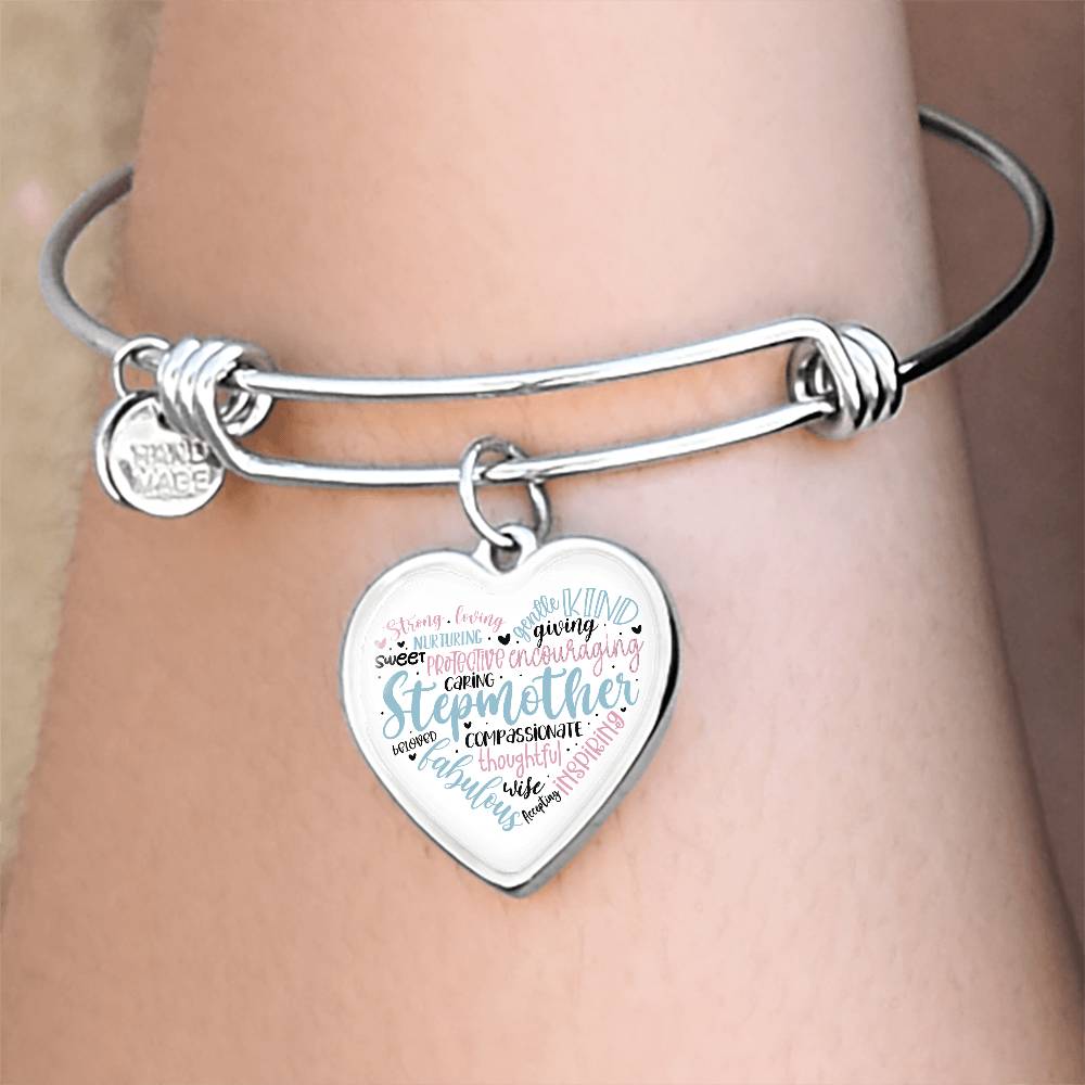 Stepmother  Heart Bangle Bracelet with Engraving-[Heartfelt Family Gift]