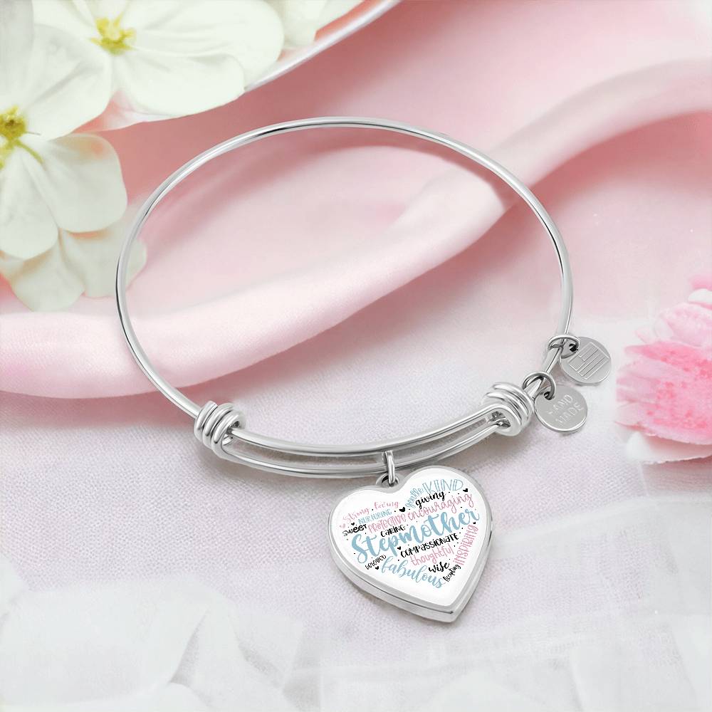Stepmother  Heart Bangle Bracelet with Engraving-[Heartfelt Family Gift]