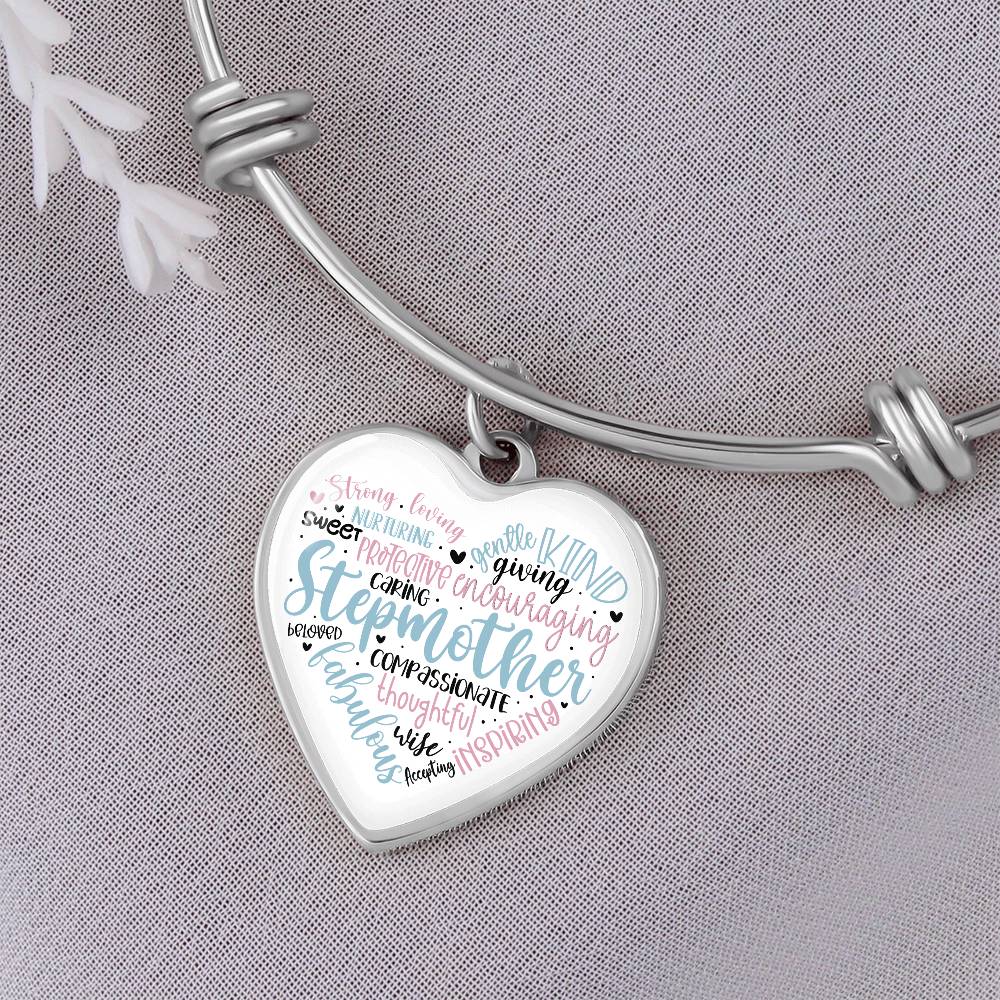 Stepmother  Heart Bangle Bracelet with Engraving-[Heartfelt Family Gift]