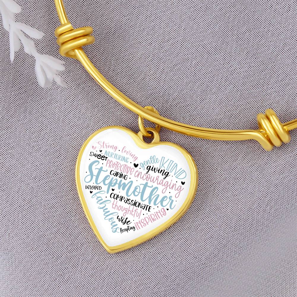 Stepmother  Heart Bangle Bracelet with Engraving-[Heartfelt Family Gift]