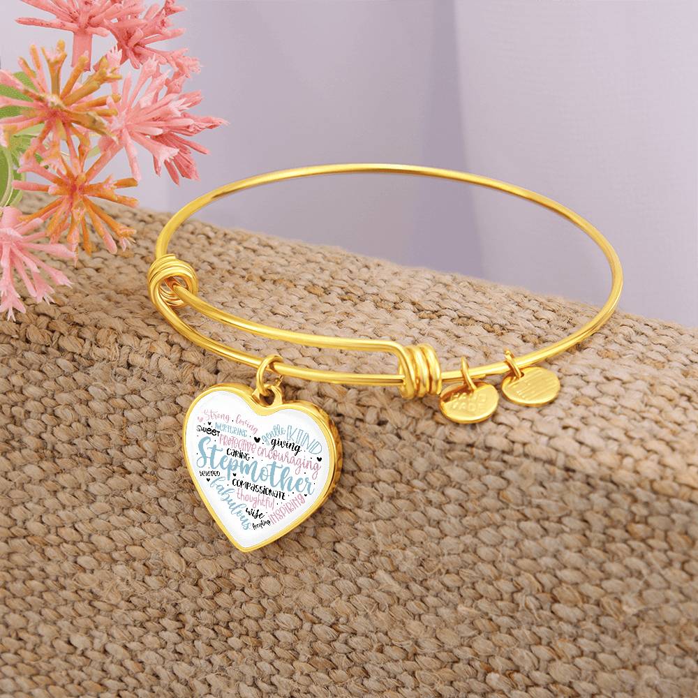 Stepmother  Heart Bangle Bracelet with Engraving-[Heartfelt Family Gift]